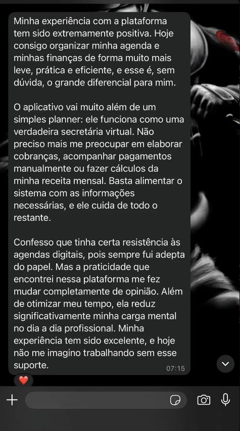 Depoimento enviado por WhatsApp por Bianca R., psicóloga usuária do PsiGestão